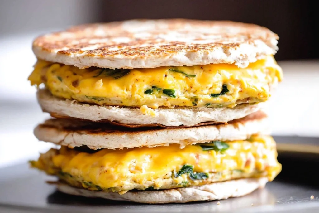 Mediterranean breakfast sandwich with pita bread, hummus, cucumber, and feta cheese.