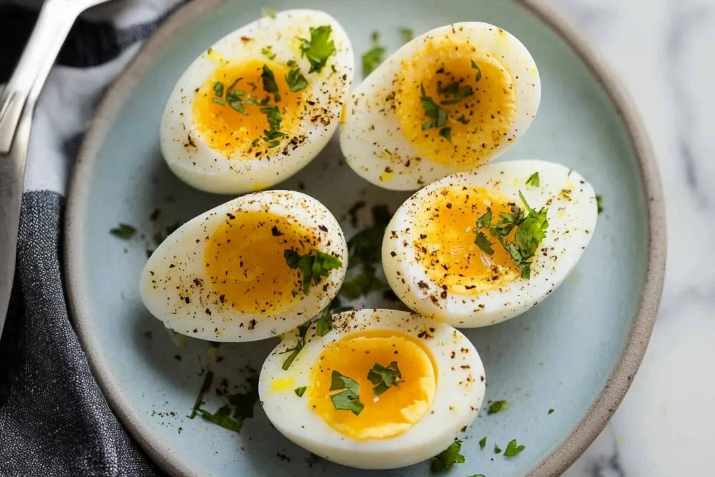 Sliced air fryer hard boiled eggs showing vibrant yolks