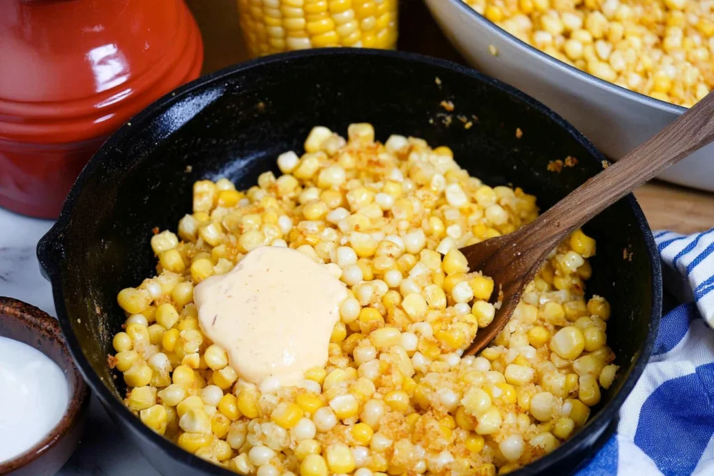 Southern Fried Corn Recipe cooking in a cast iron skillet.