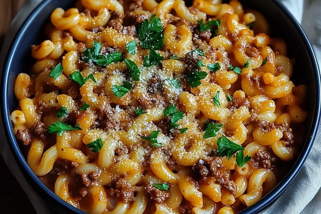 Homemade Beefaroni served in a white bowl with melted cheese and fresh parsley garnish.