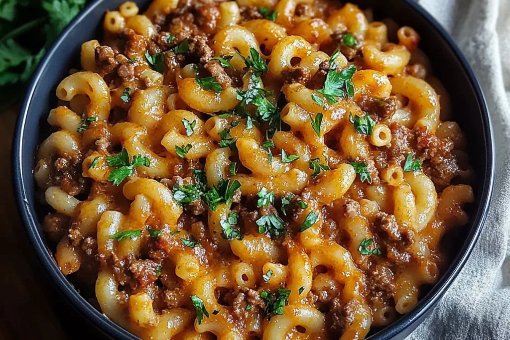 Ingredients for homemade Beefaroni: ground beef, elbow macaroni, tomato sauce, cheese, garlic, and herbs.