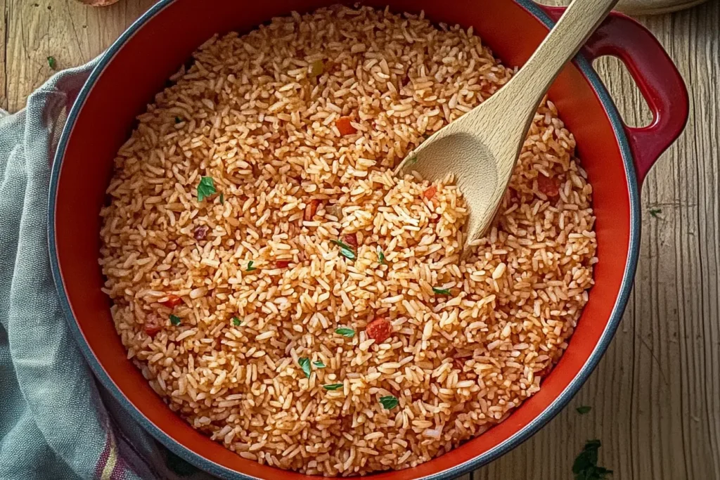 Fluffy, cooked red rice served on a white plate with fresh herbs garnish.
