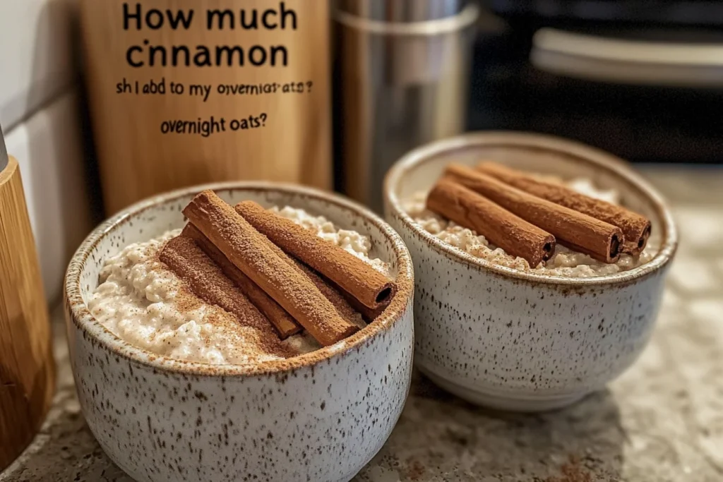 Bowl of cinnamon overnight oats with a cinnamon stick, almond milk, and chia seeds