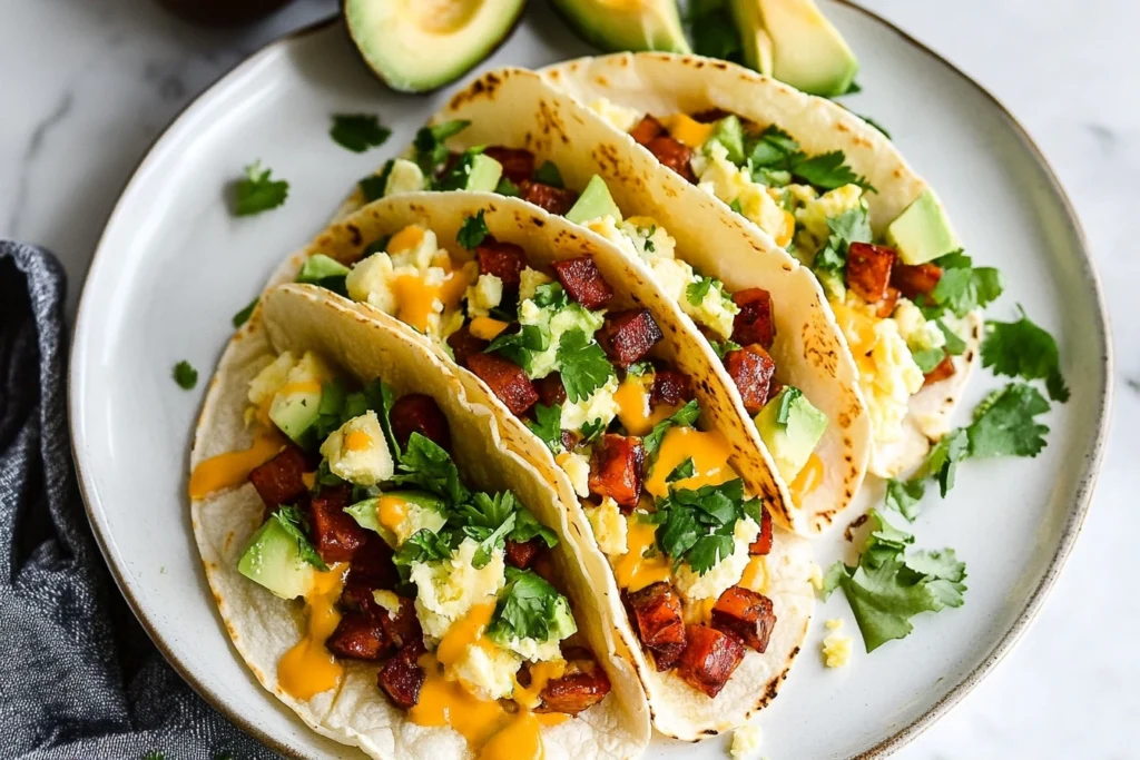 Breakfast tacos featuring scrambled eggs, chorizo, avocado, and melted cheese on a ceramic plate.