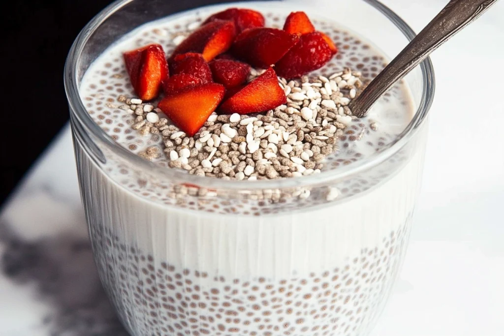 Layered vanilla chia pudding parfait with granola and fruit.