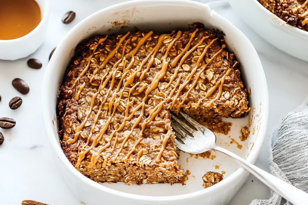 Freshly baked coffee oatmeal served in a bowl, topped with nuts and a drizzle of caramel.
