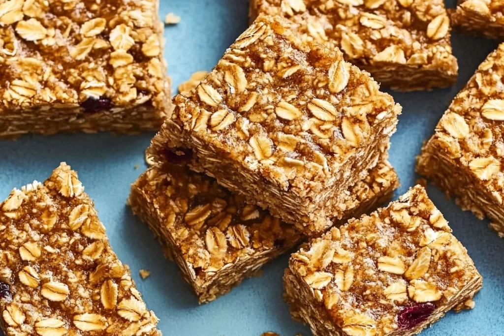 Variety of oatmeal breakfast bars including chocolate chip, nutty, and fruity options.