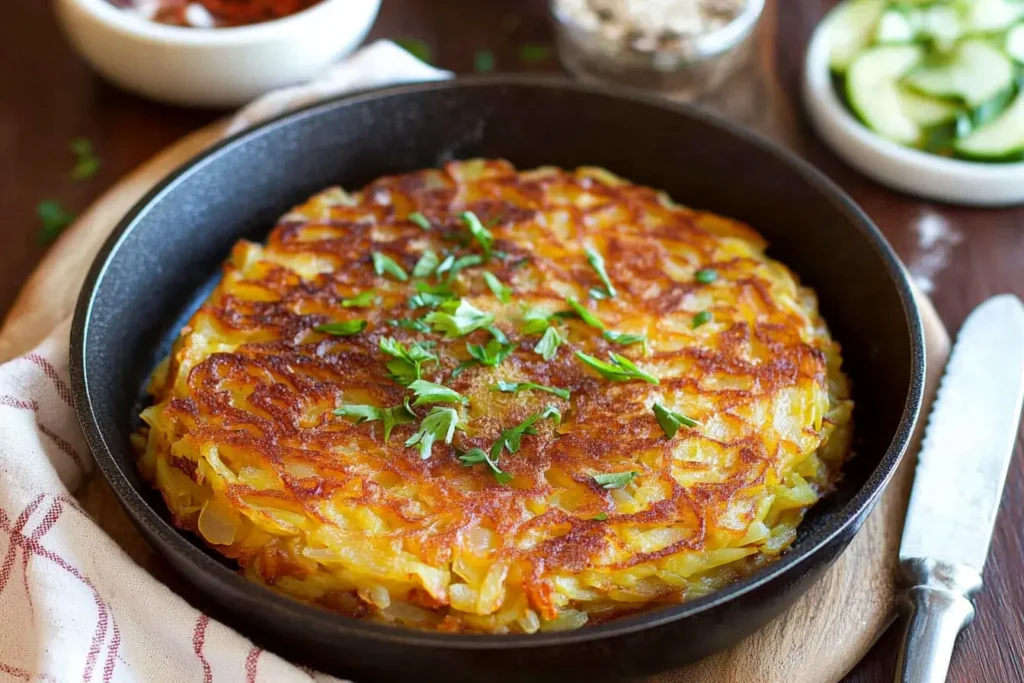 Latke ingredients including grated potatoes, onions, and eggs.