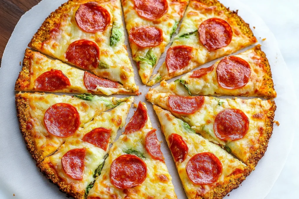 Steps for making homemade cauliflower crust pizza, from ricing cauliflower to baking the crust.