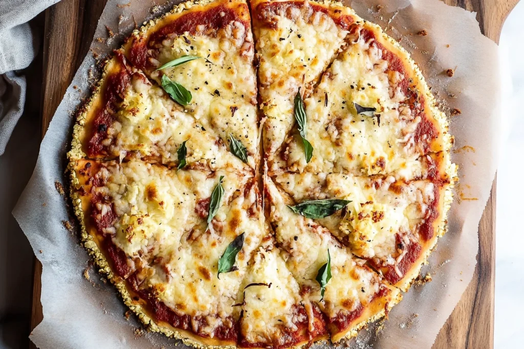 Homemade cauliflower pizza crust baked to golden perfection on a baking tray.