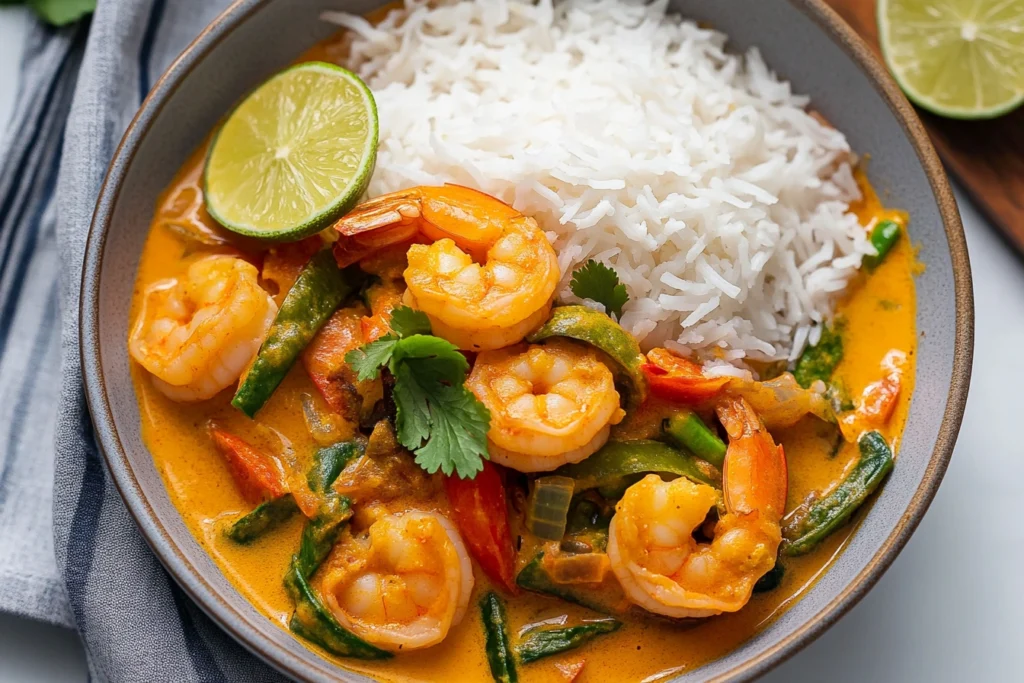 Shrimp simmering in coconut milk with turmeric and curry powder