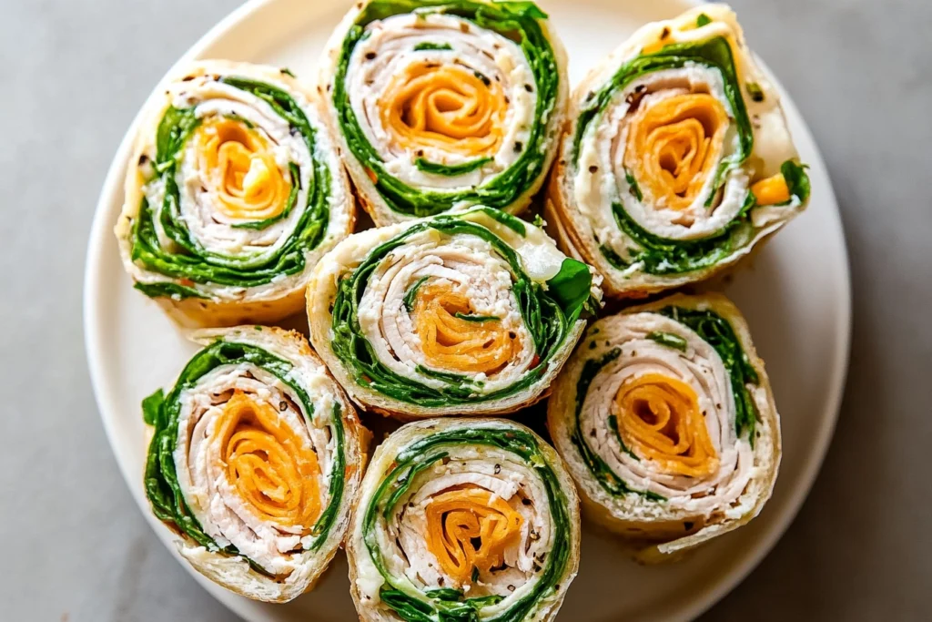 Step-by-step preparation of turkey pinwheel sandwiches.