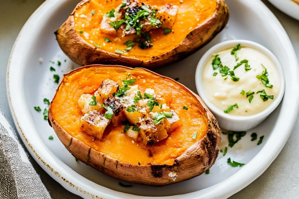 Sweet potatoes cleaned, pricked with a fork, and ready for baking.