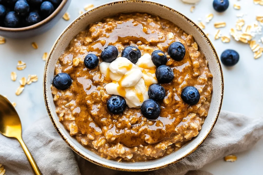 Overnight peanut butter oatmeal layered in a mason jar with chia seeds and berries.