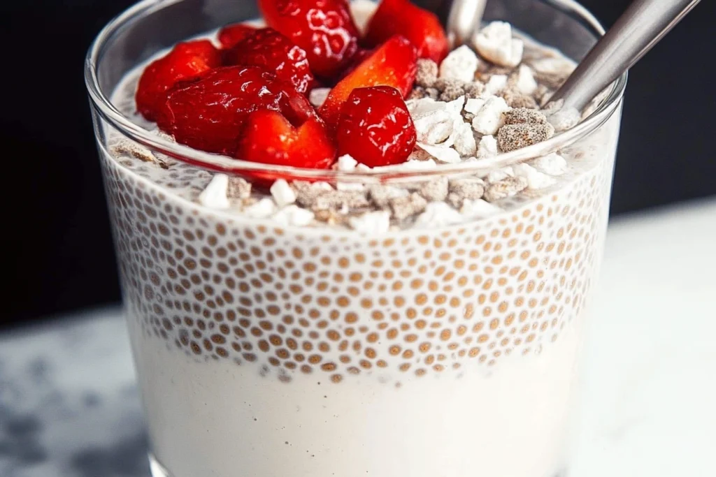 Tropical vanilla chia pudding served in a coconut shell with pineapple and mint.