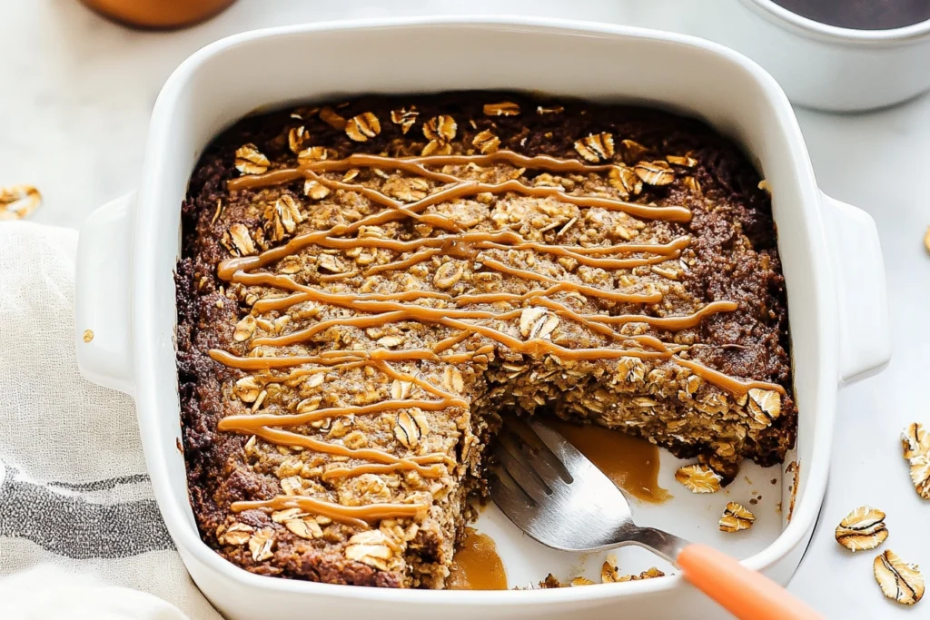 Vegan-friendly coffee baked oatmeal with plant-based milk and flax egg.
