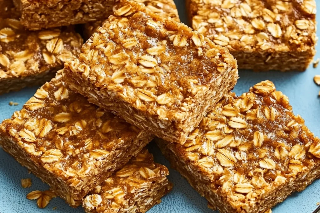 Storing homemade oatmeal breakfast bars in an airtight container to maintain freshness.