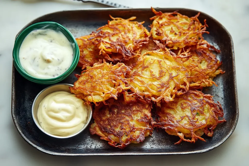 Latkes served with sour cream and applesauce.