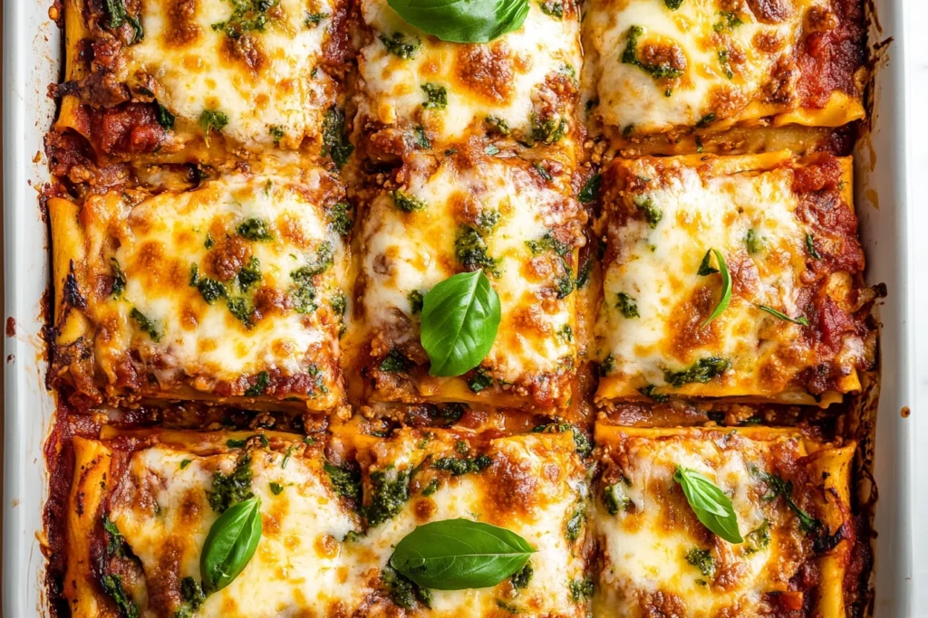 Healthy lasagna baking in the oven with golden cheese on top.