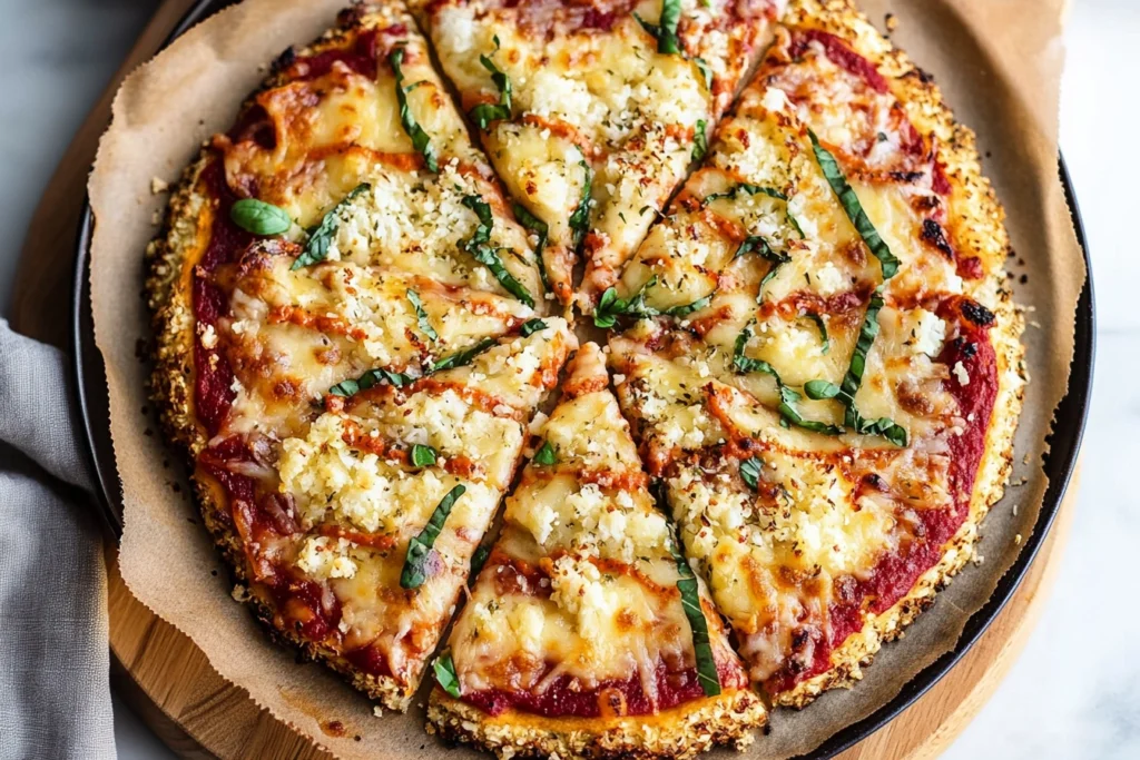 Cauliflower pizza topped with vibrant vegetables and fresh basil.