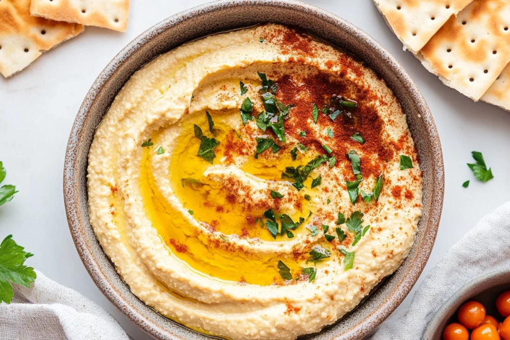 Hummus ingredients blending in a food processor for a creamy texture.
