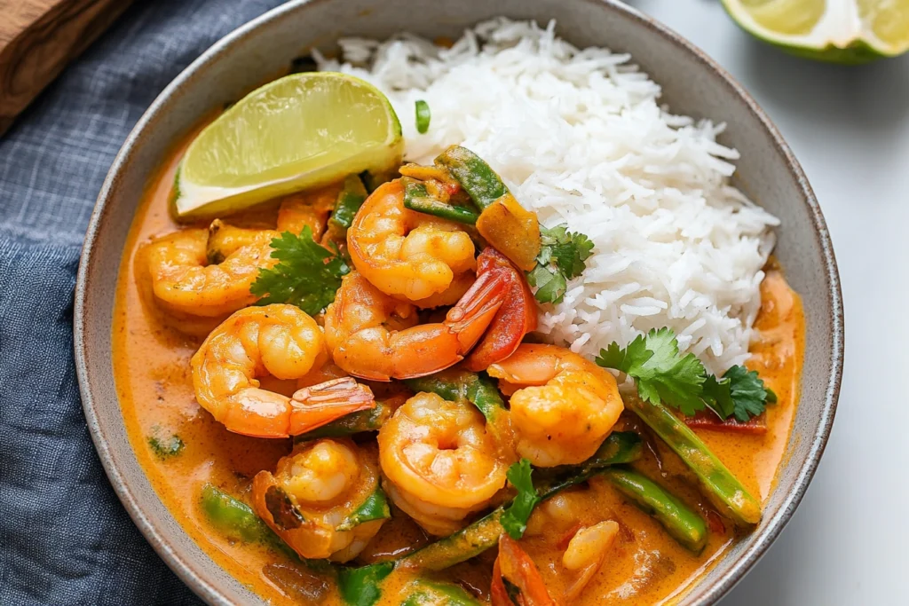 Coconut shrimp curry served with basmati rice and spinach