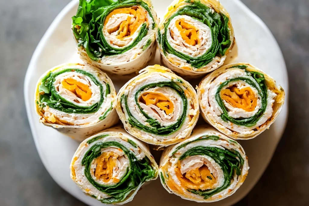 A platter of freshly prepared turkey pinwheel sandwiches.