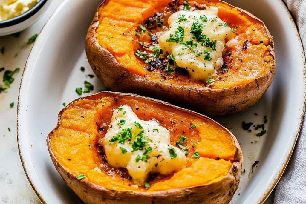 Baked sweet potatoes topped with sour cream, chives, and shredded cheese