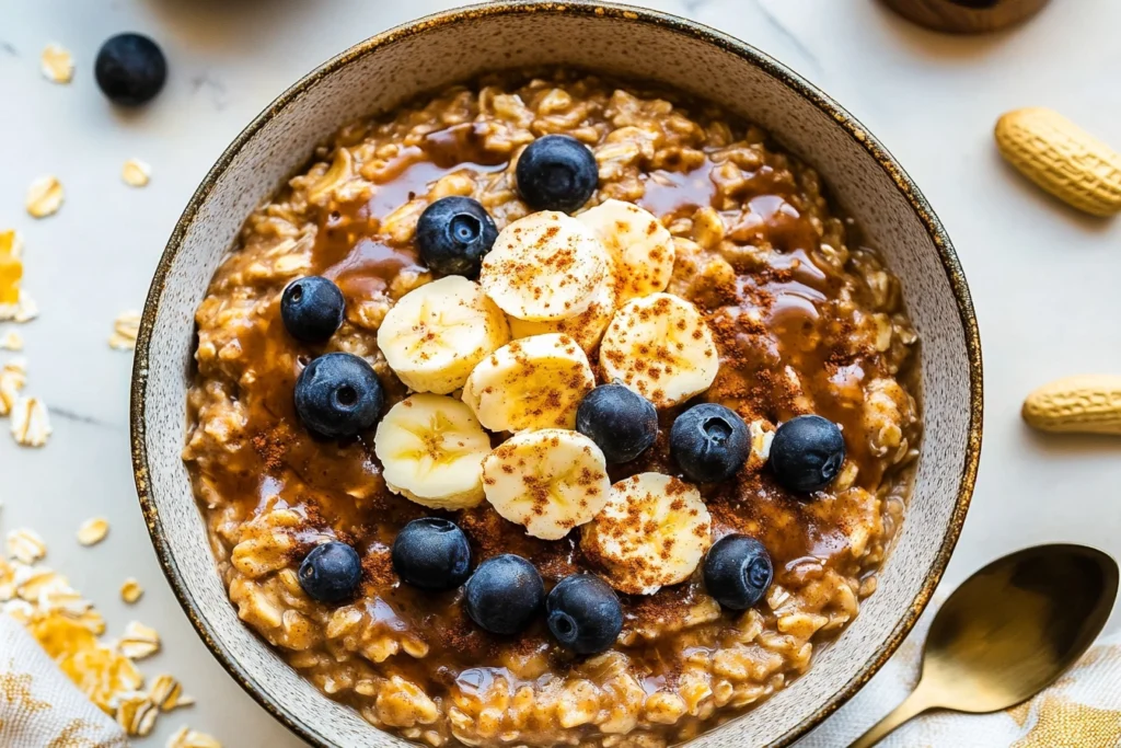Baked peanut butter oatmeal topped with granola and fresh fruit in a baking dish.