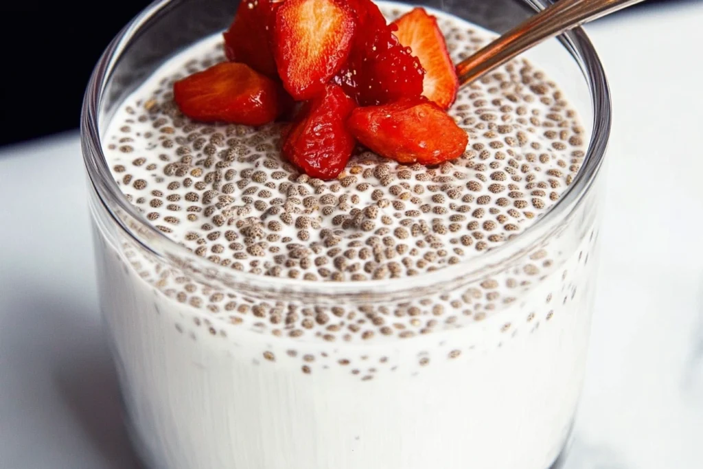 Chocolate and vanilla chia pudding swirl in a dessert cup.