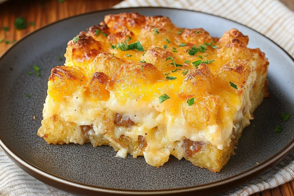 A baked tater tot breakfast casserole topped with golden tater tots and fresh herbs.