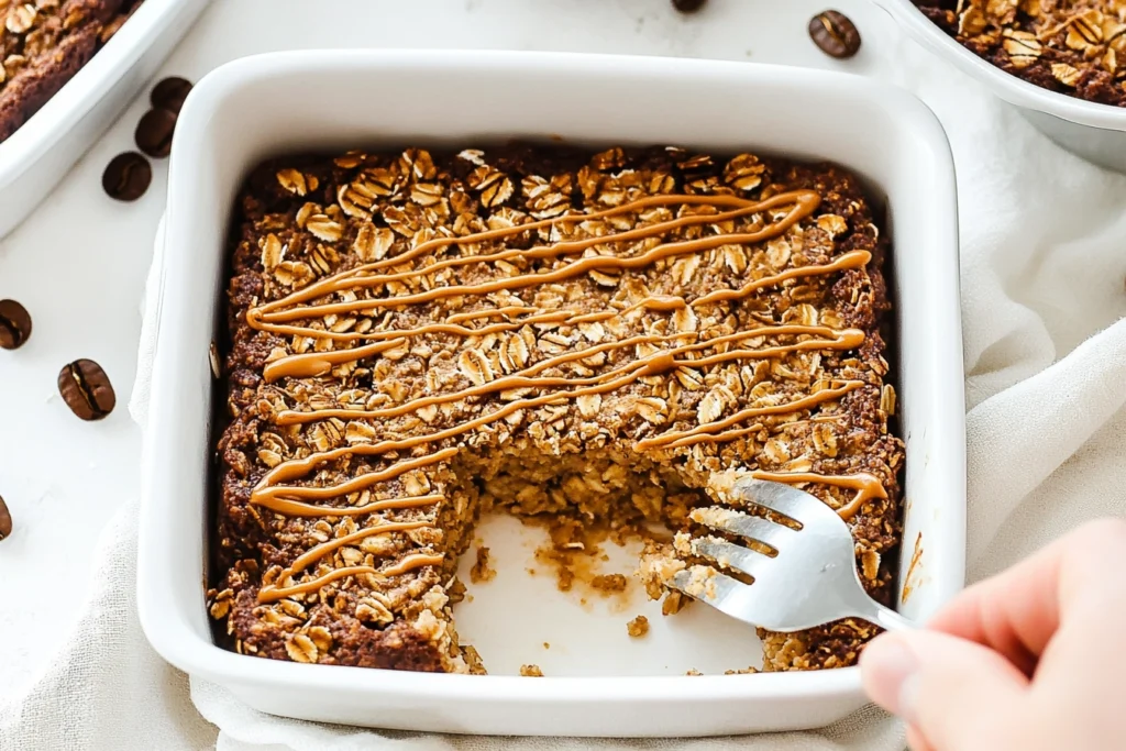 Coffee baked oatmeal served with fresh fruit and whipped cream."