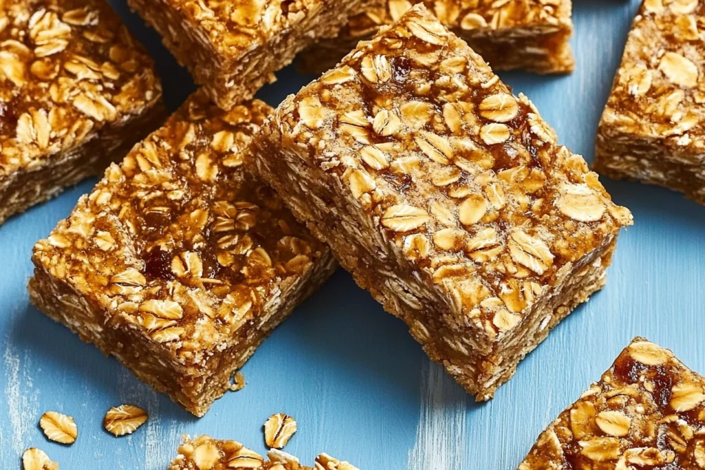 Oatmeal breakfast bars served on a plate alongside a cup of coffee.