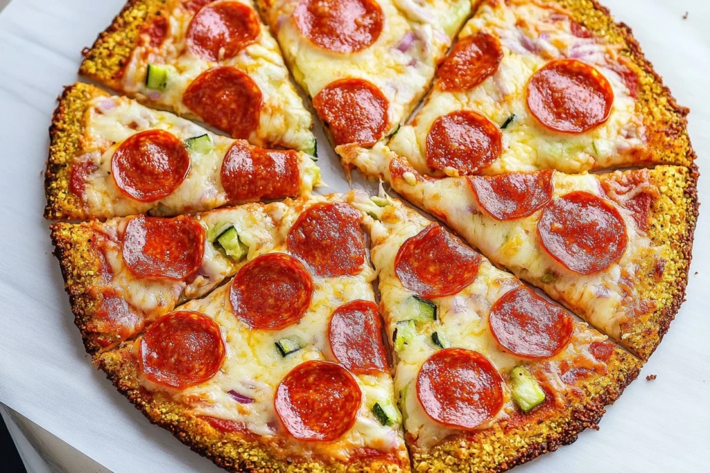 A slice of cauliflower crust pizza topped with fresh herbs, vegetables, and melted cheese.