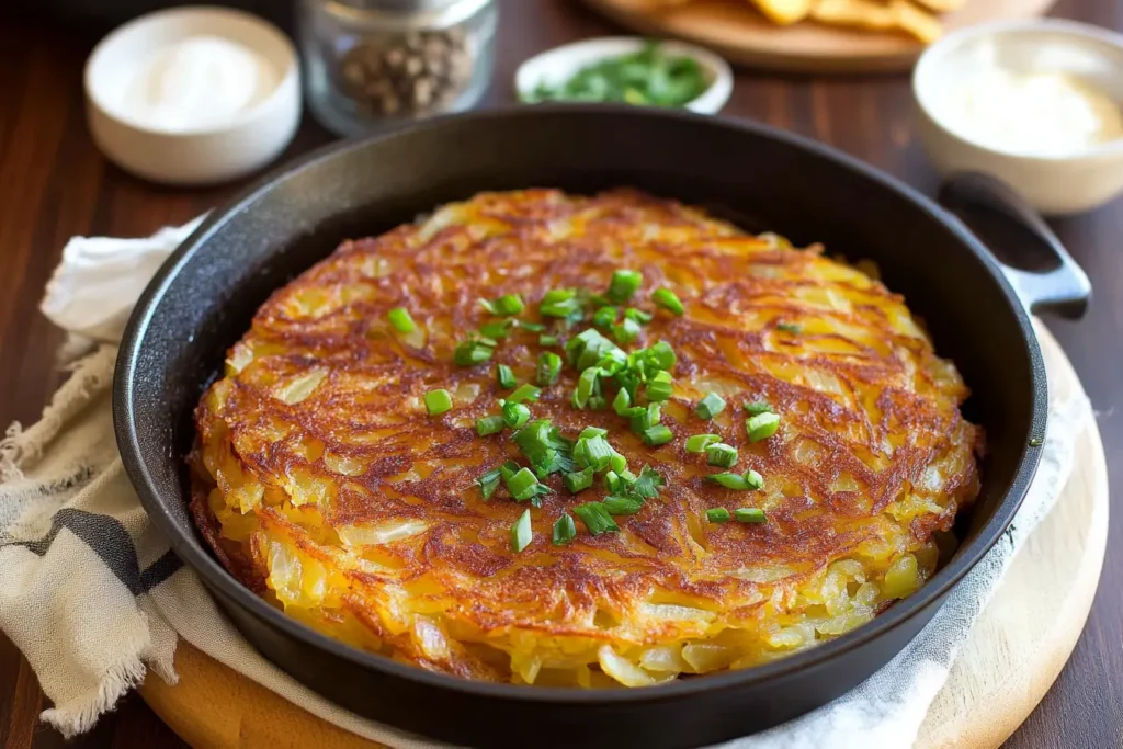 Golden-brown Rösti served on a wooden plate.