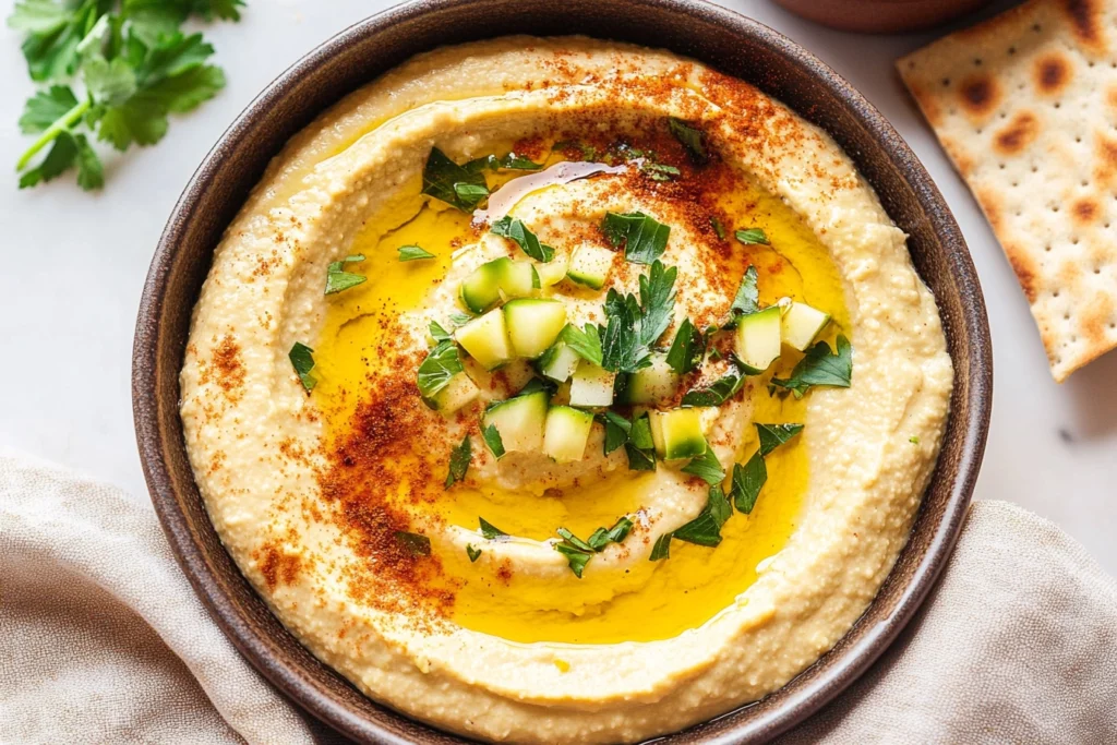 Hummus served with fresh vegetables like carrots, celery, and bell peppers.