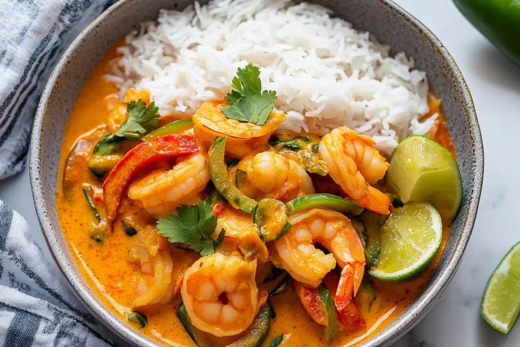 Scooping coconut shrimp curry with naan bread