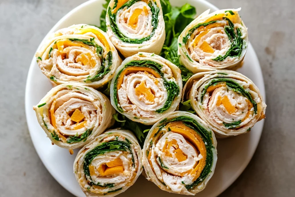 Variations of turkey pinwheel sandwiches with different ingredients.