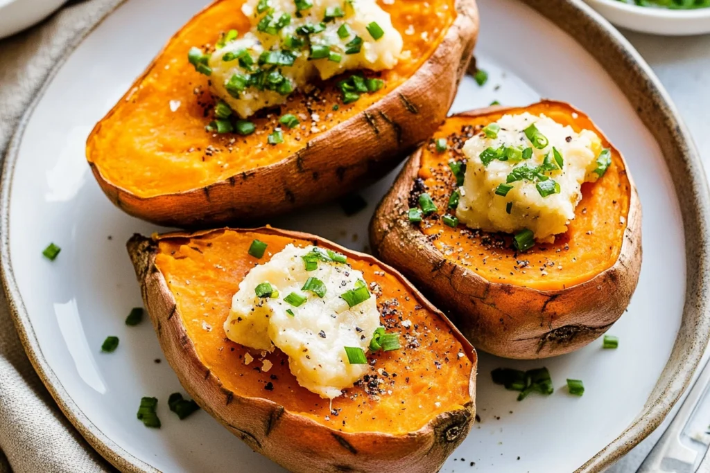 Crispy baked sweet potato fries seasoned with paprika and served on a plate.