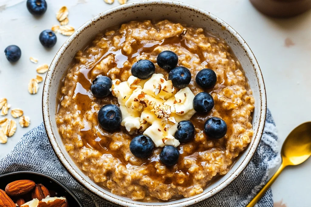 Quick microwave peanut butter oatmeal in a mug with a spoon beside it.
