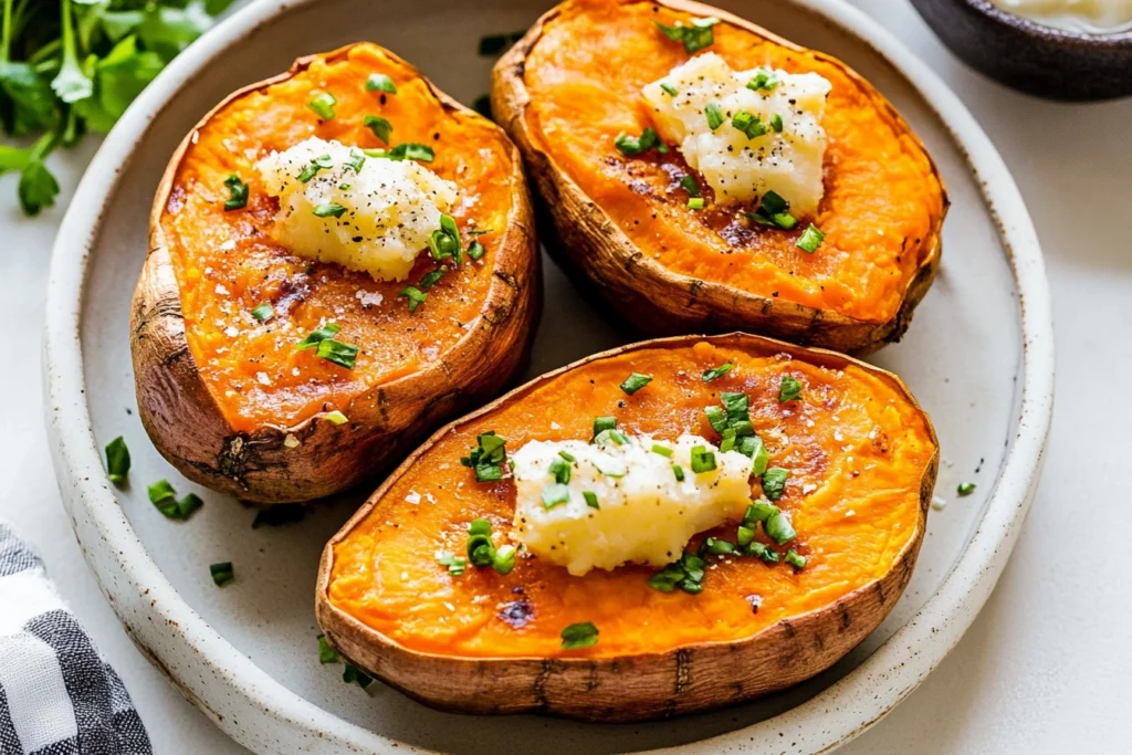 Perfectly baked sweet potato split open with fluffy orange flesh and butter on top.
