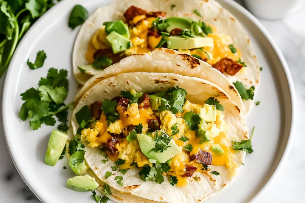 Soft breakfast tacos with eggs, cheese, avocado, and fresh herbs served on a white plate.