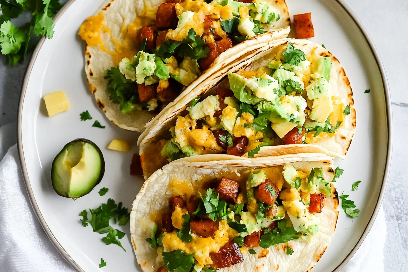 Breakfast tacos with scrambled eggs, avocado, cilantro, and cheese on a white plate.