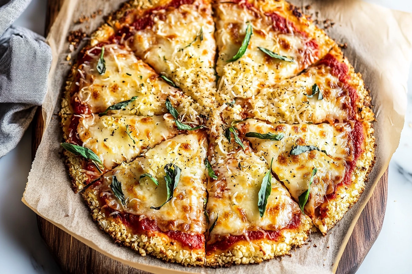 Fresh ingredients for cauliflower pizza crust, including cauliflower, eggs, cheese, and spices.