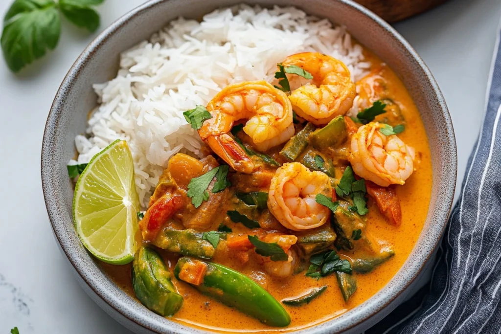 Coconut shrimp curry served with cilantro and lime