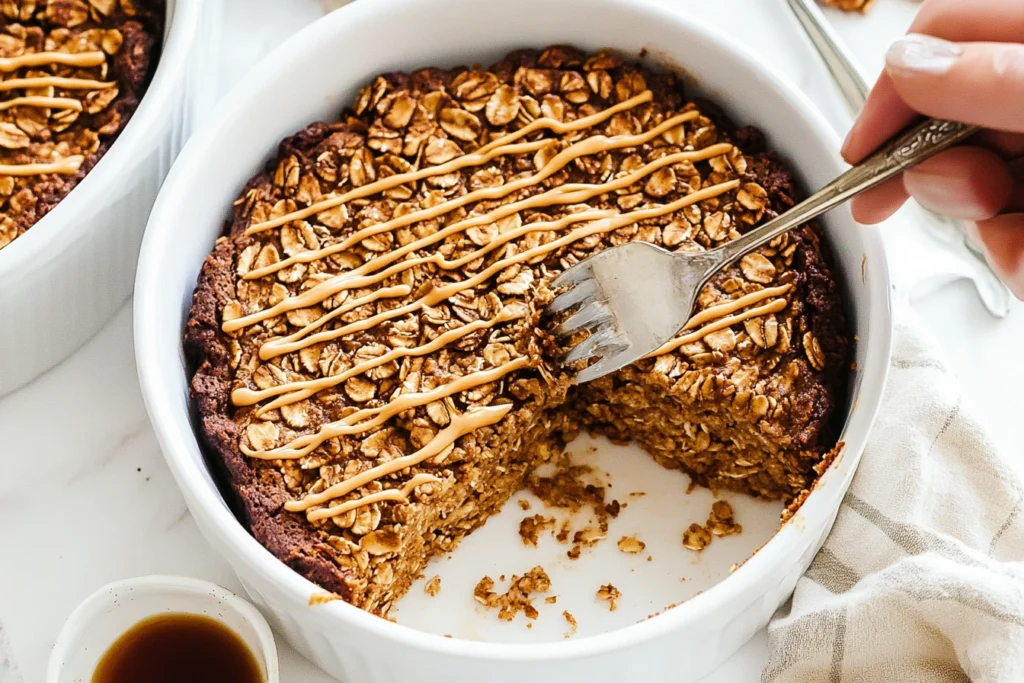 Preparing coffee baked oatmeal with ingredients like oats, brewed coffee, and milk.