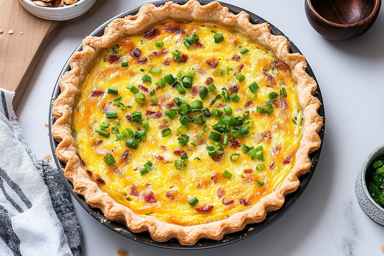 Cottage cheese quiche on a rustic wooden table with fresh herbs and salad