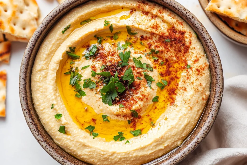 A bowl of creamy hummus garnished with olive oil, paprika, and fresh parsley.