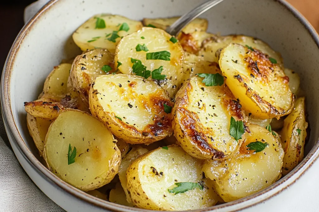 Healthy smothered potatoes with olive oil and colorful vegetables.