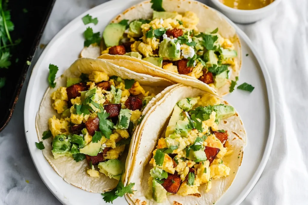 Breakfast tacos filled with scrambled eggs, avocado slices, and cilantro on a white serving plate.